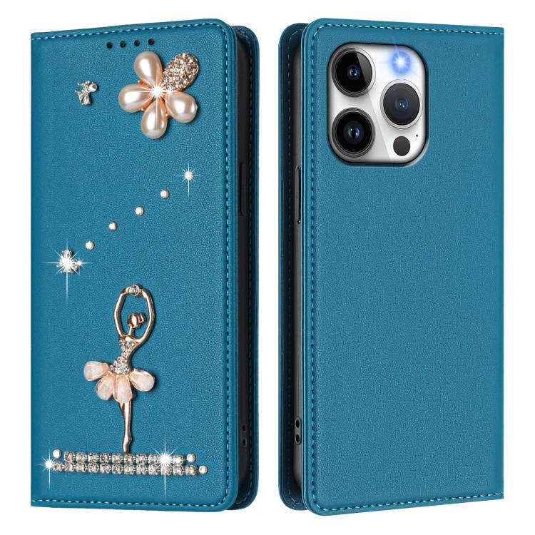 For iPhone 13 Pro Ballet Girl Diamond Studded RFID Vegan Leather Phone Case
