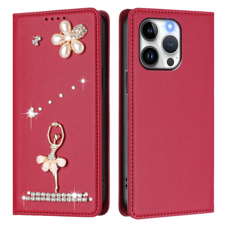 For iPhone 13 Pro Ballet Girl Diamond Studded RFID Vegan Leather Phone Case