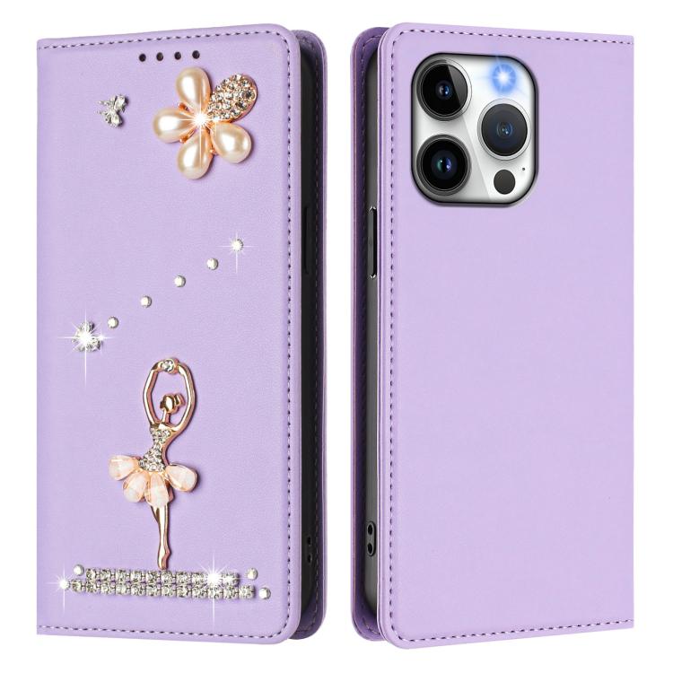 For iPhone 13 Pro Ballet Girl Diamond Studded RFID Vegan Leather Phone Case