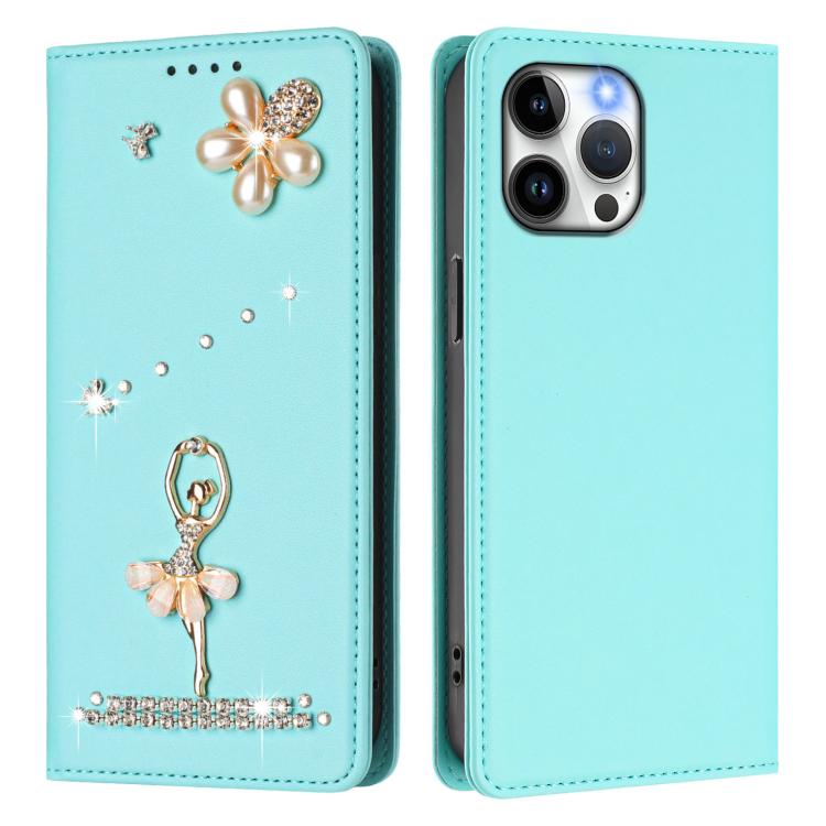 For iPhone 13 Pro Max Ballet Girl Diamond Studded RFID Vegan Leather Phone Case