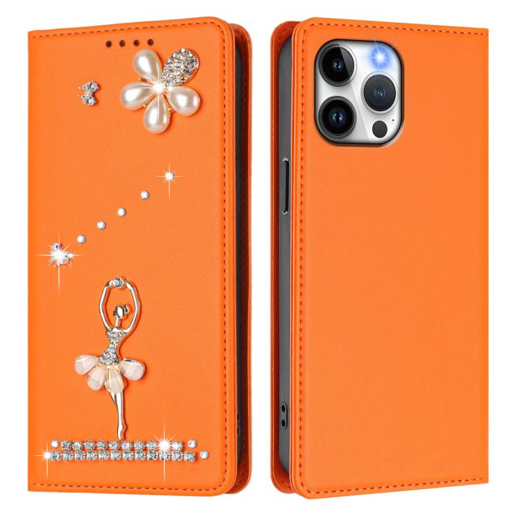 For iPhone 13 Pro Max Ballet Girl Diamond Studded RFID Vegan Leather Phone Case