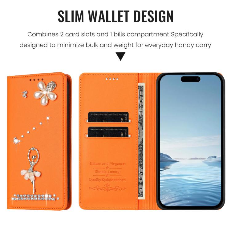 For iPhone 13 Pro Max Ballet Girl Diamond Studded RFID Vegan Leather Phone Case