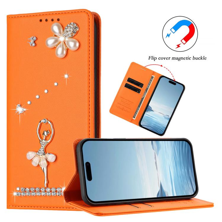 For iPhone 13 Pro Max Ballet Girl Diamond Studded RFID Vegan Leather Phone Case