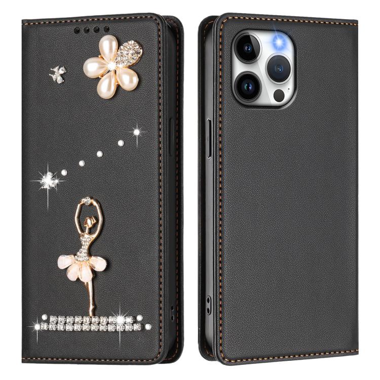 For iPhone 13 Pro Max Ballet Girl Diamond Studded RFID Vegan Leather Phone Case