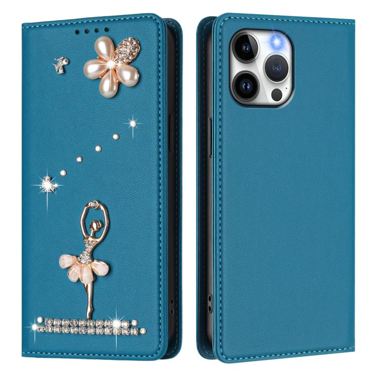 For iPhone 13 Pro Max Ballet Girl Diamond Studded RFID Vegan Leather Phone Case