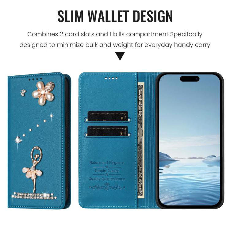 For iPhone 13 Pro Max Ballet Girl Diamond Studded RFID Vegan Leather Phone Case