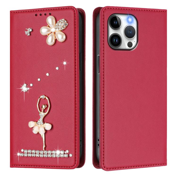 For iPhone 13 Pro Max Ballet Girl Diamond Studded RFID Vegan Leather Phone Case