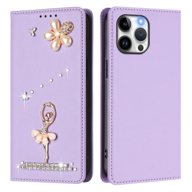 For iPhone 13 Pro Max Ballet Girl Diamond Studded RFID Vegan Leather Phone Case