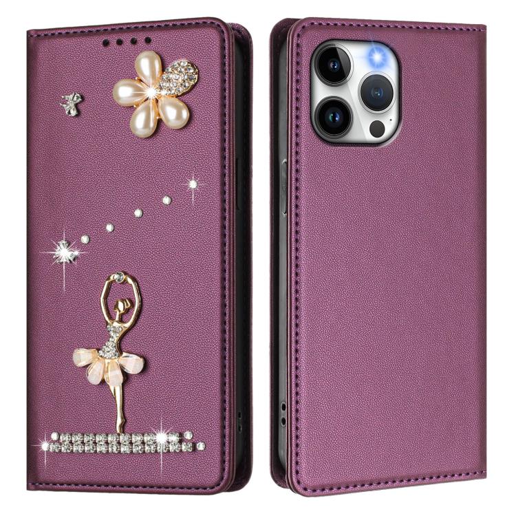 For iPhone 13 Pro Max Ballet Girl Diamond Studded RFID Vegan Leather Phone Case