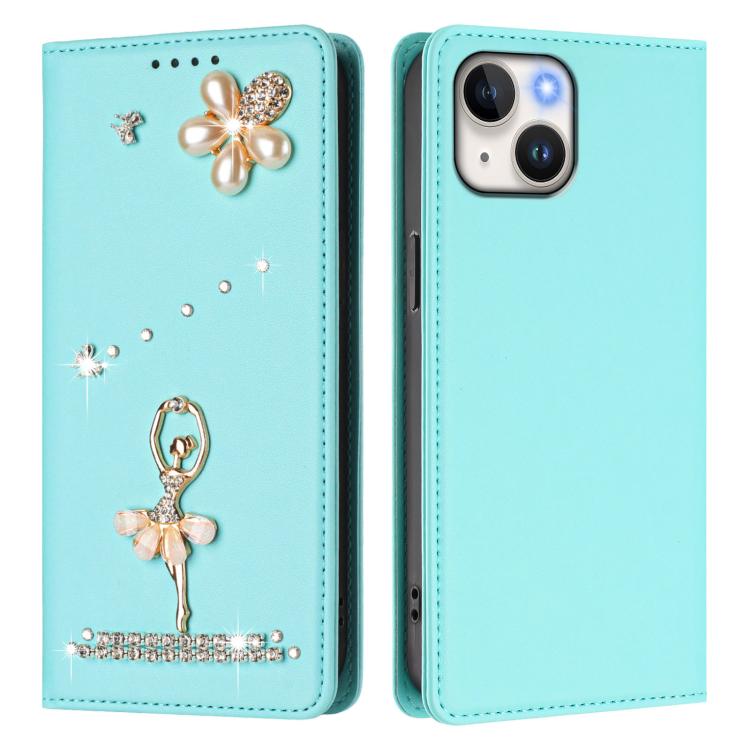 For iPhone 14 / 13 Ballet Girl Diamond Studded RFID Vegan Leather Phone Case