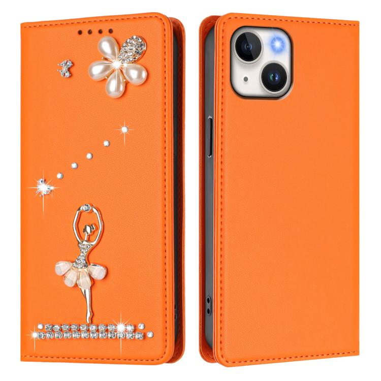 For iPhone 14 / 13 Ballet Girl Diamond Studded RFID Vegan Leather Phone Case