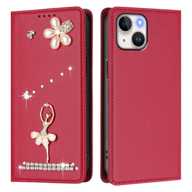 For iPhone 14 / 13 Ballet Girl Diamond Studded RFID Vegan Leather Phone Case