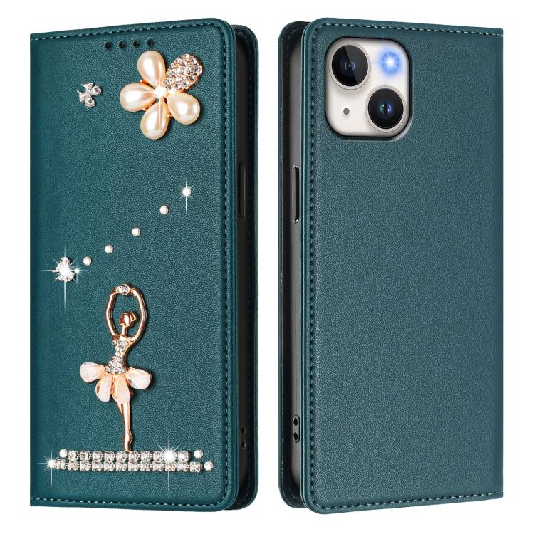 For iPhone 14 / 13 Ballet Girl Diamond Studded RFID Vegan Leather Phone Case