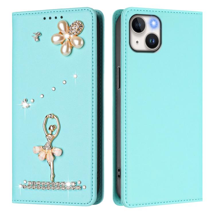 For iPhone 14 Plus Ballet Girl Diamond Studded RFID Vegan Leather Phone Case
