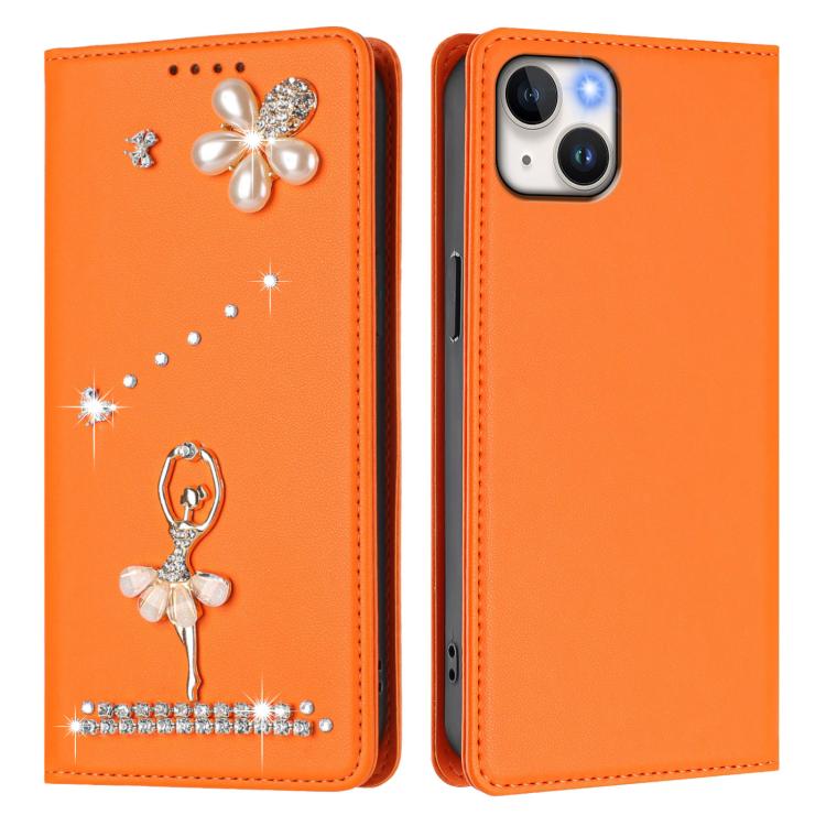 For iPhone 14 Plus Ballet Girl Diamond Studded RFID Vegan Leather Phone Case