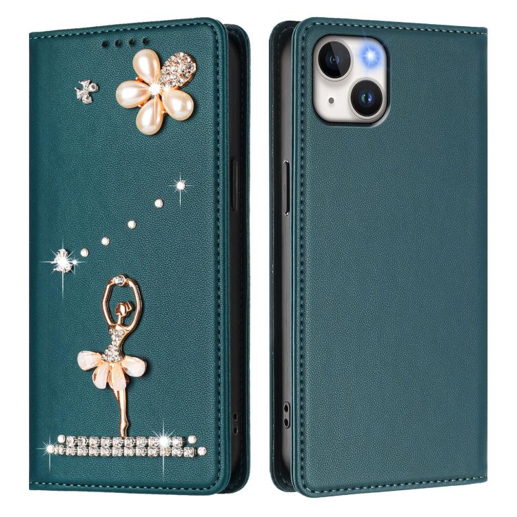 For iPhone 14 Plus Ballet Girl Diamond Studded RFID Vegan Leather Phone Case