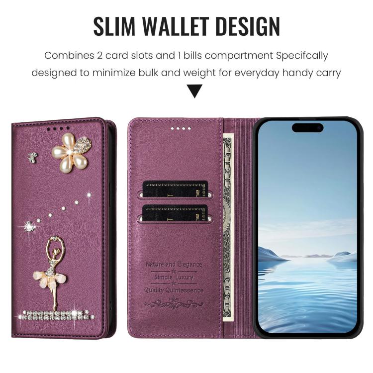 For iPhone 14 Plus Ballet Girl Diamond Studded RFID Vegan Leather Phone Case