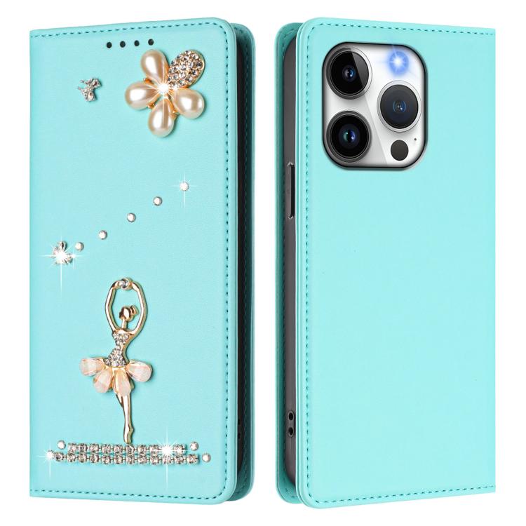 For iPhone 14 Pro Ballet Girl Diamond Studded RFID Vegan Leather Phone Case