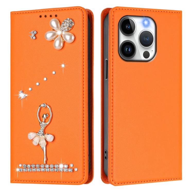 For iPhone 14 Pro Ballet Girl Diamond Studded RFID Vegan Leather Phone Case