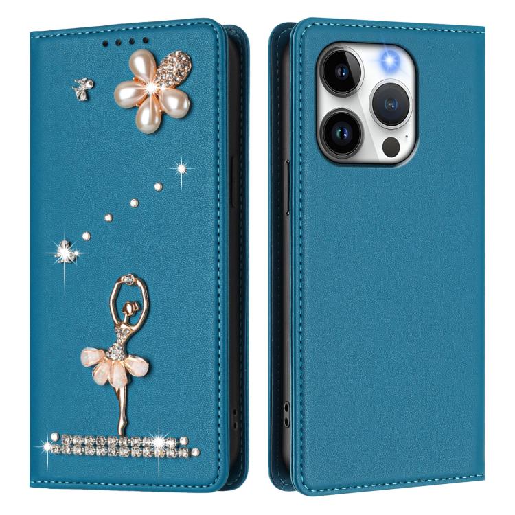 For iPhone 14 Pro Ballet Girl Diamond Studded RFID Vegan Leather Phone Case