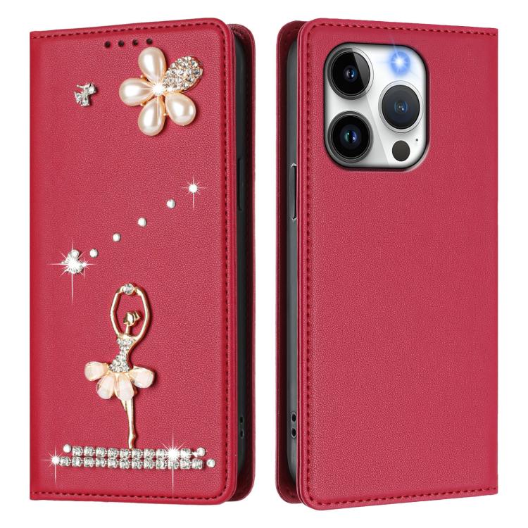 For iPhone 14 Pro Ballet Girl Diamond Studded RFID Vegan Leather Phone Case
