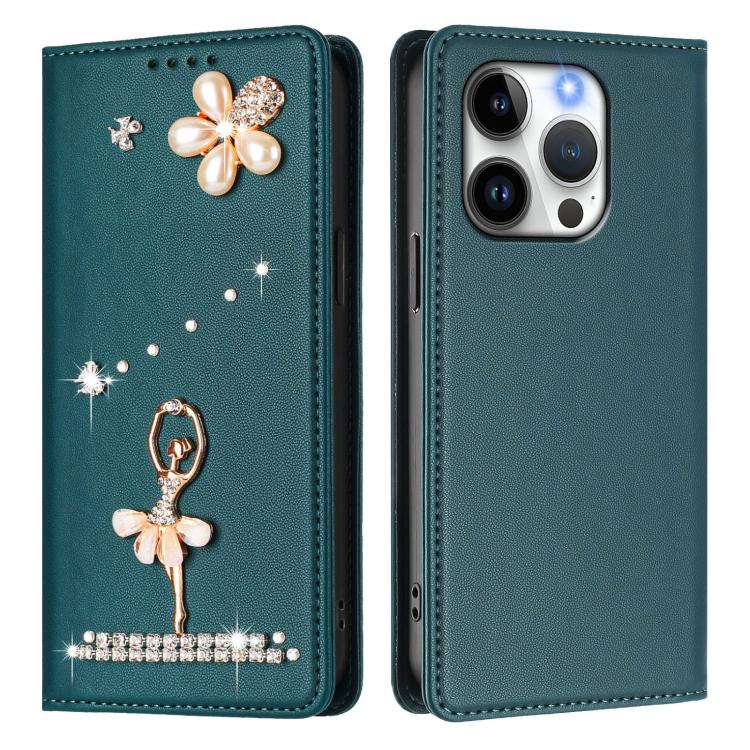 For iPhone 14 Pro Ballet Girl Diamond Studded RFID Vegan Leather Phone Case