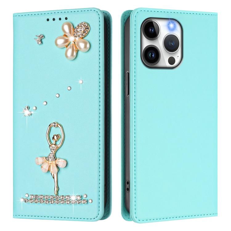 For iPhone 14 Pro Max Ballet Girl Diamond Studded RFID Vegan Leather Phone Case