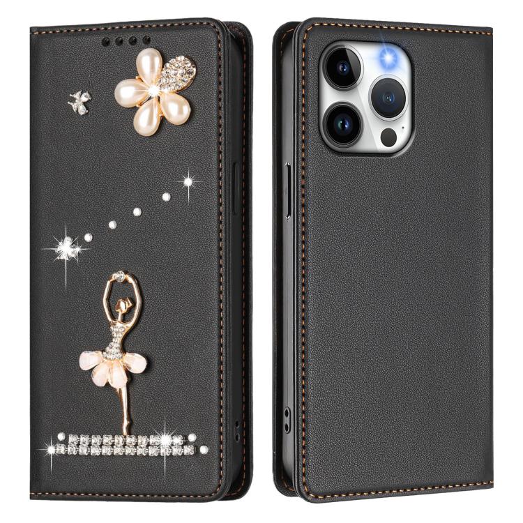 For iPhone 14 Pro Max Ballet Girl Diamond Studded RFID Vegan Leather Phone Case