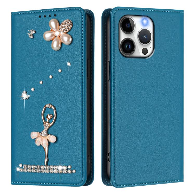 For iPhone 14 Pro Max Ballet Girl Diamond Studded RFID Vegan Leather Phone Case