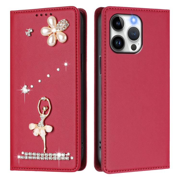 For iPhone 14 Pro Max Ballet Girl Diamond Studded RFID Vegan Leather Phone Case