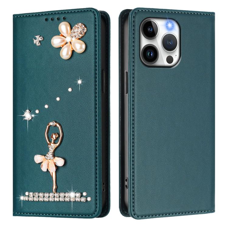 For iPhone 14 Pro Max Ballet Girl Diamond Studded RFID Vegan Leather Phone Case