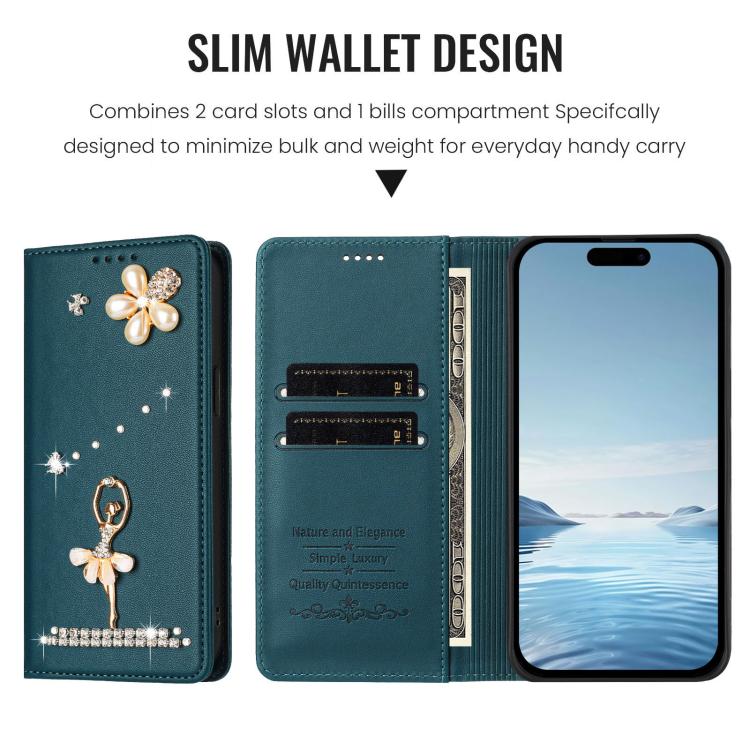 For iPhone 14 Pro Max Ballet Girl Diamond Studded RFID Vegan Leather Phone Case