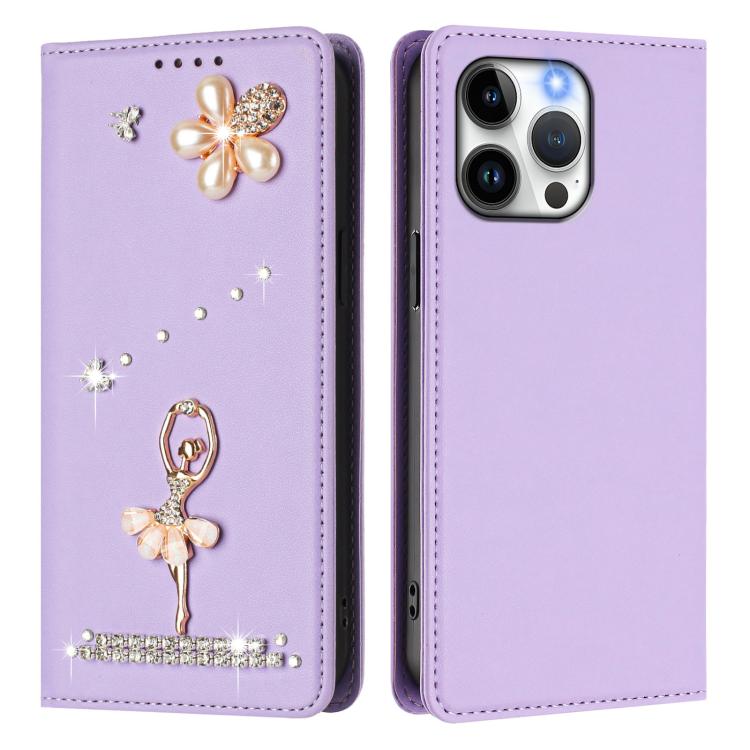 For iPhone 14 Pro Max Ballet Girl Diamond Studded RFID Vegan Leather Phone Case