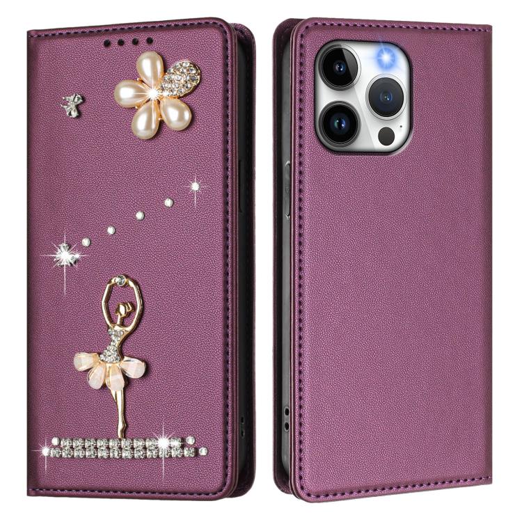 For iPhone 14 Pro Max Ballet Girl Diamond Studded RFID Vegan Leather Phone Case