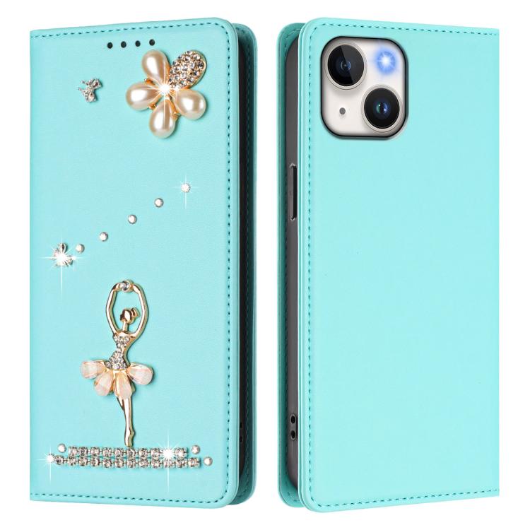 For iPhone 15 Ballet Girl Diamond Studded RFID Vegan Leather Phone Case