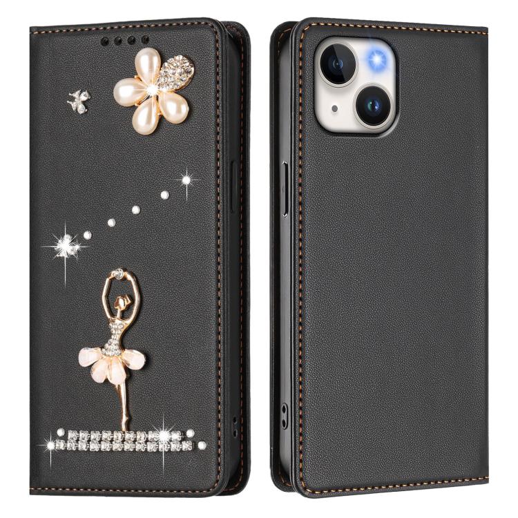 For iPhone 15 Ballet Girl Diamond Studded RFID Vegan Leather Phone Case