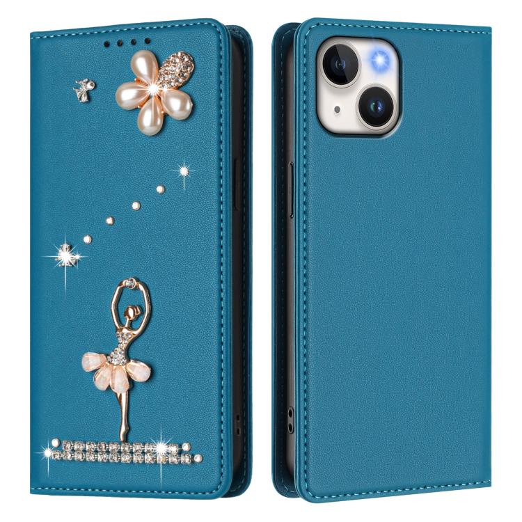 For iPhone 15 Ballet Girl Diamond Studded RFID Vegan Leather Phone Case