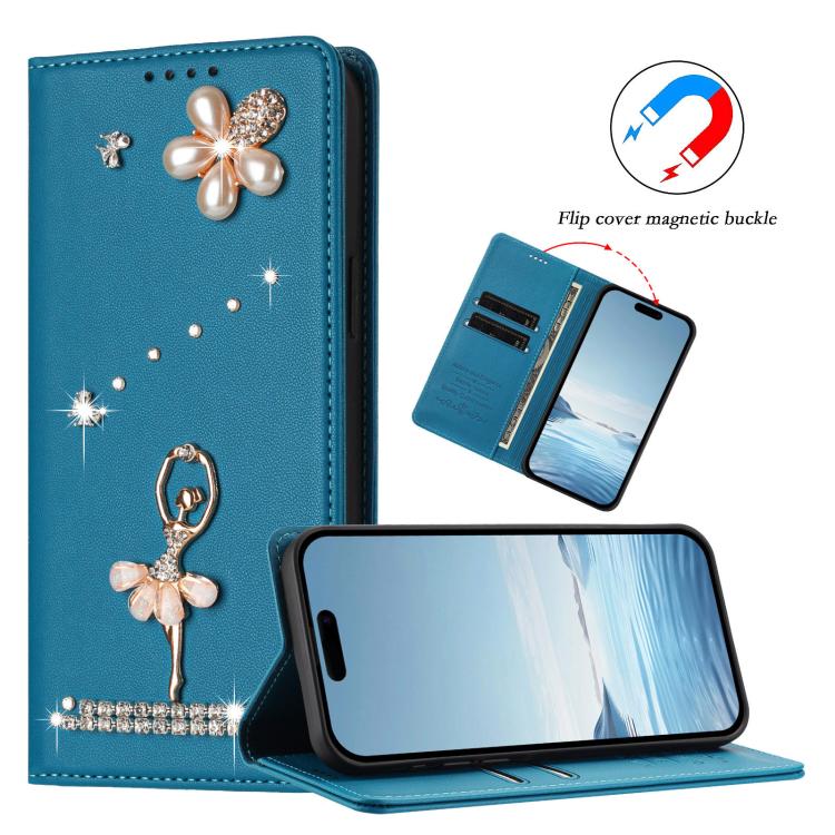 For iPhone 15 Ballet Girl Diamond Studded RFID Vegan Leather Phone Case