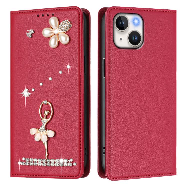 For iPhone 15 Ballet Girl Diamond Studded RFID Vegan Leather Phone Case
