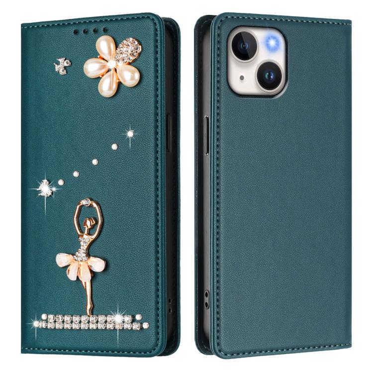 For iPhone 15 Ballet Girl Diamond Studded RFID Vegan Leather Phone Case