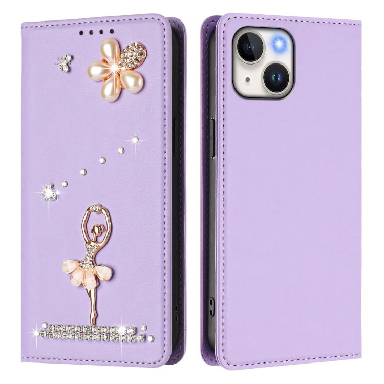 For iPhone 15 Ballet Girl Diamond Studded RFID Vegan Leather Phone Case