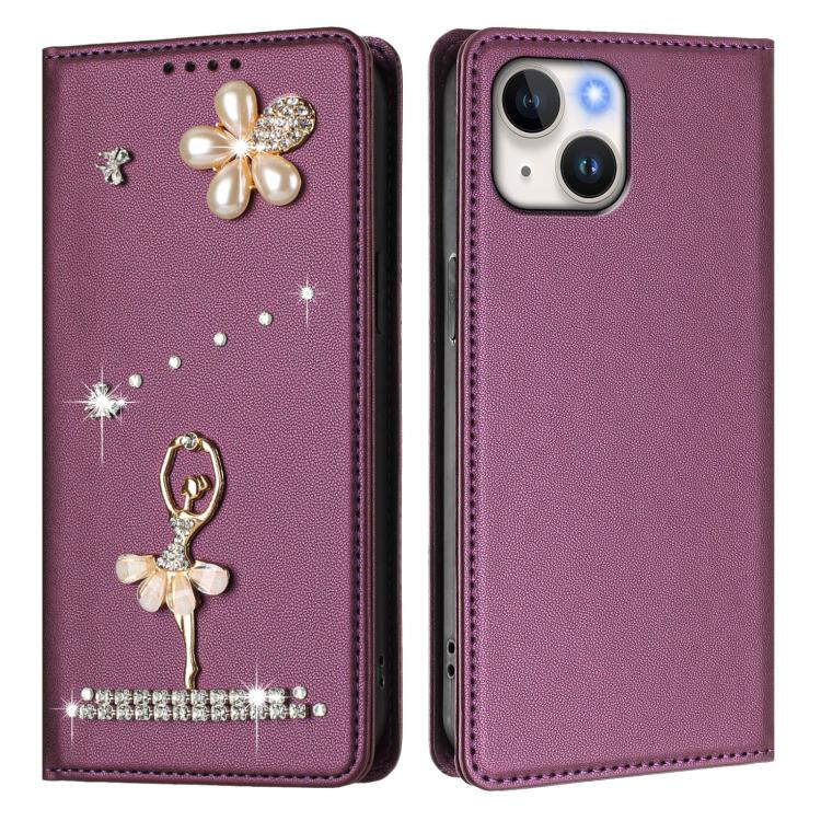 For iPhone 15 Ballet Girl Diamond Studded RFID Vegan Leather Phone Case