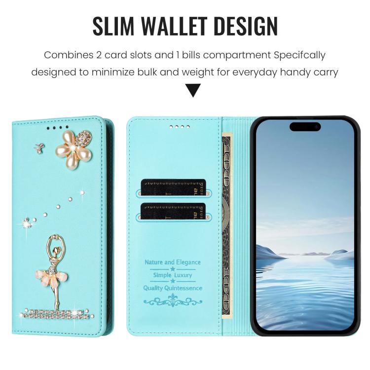 For iPhone 15 Plus Ballet Girl Diamond Studded RFID Vegan Leather Phone Case