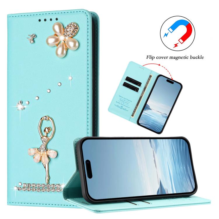 For iPhone 15 Plus Ballet Girl Diamond Studded RFID Vegan Leather Phone Case