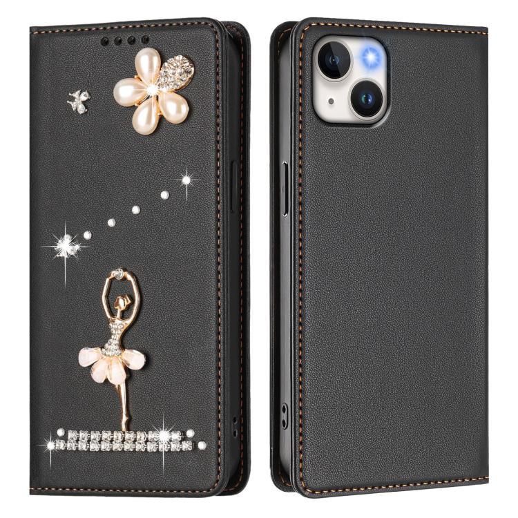 For iPhone 15 Plus Ballet Girl Diamond Studded RFID Vegan Leather Phone Case