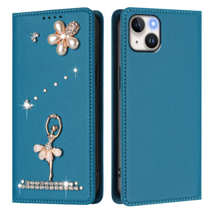 For iPhone 15 Plus Ballet Girl Diamond Studded RFID Vegan Leather Phone Case