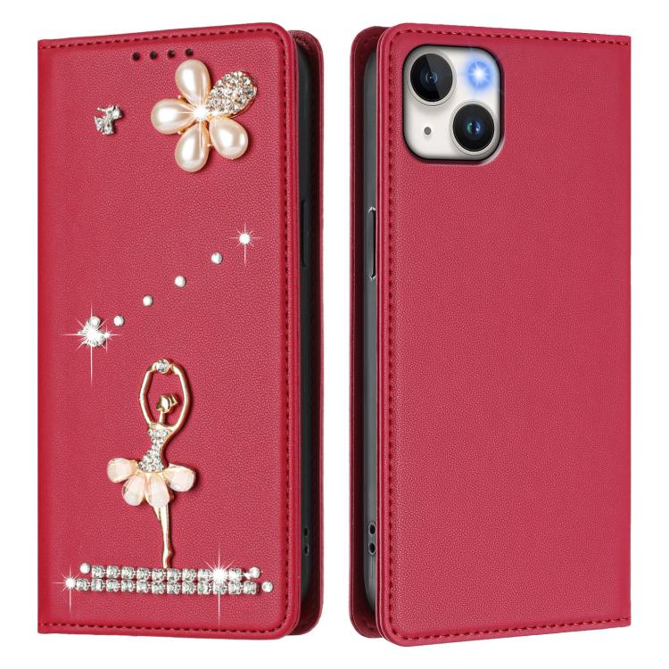 For iPhone 15 Plus Ballet Girl Diamond Studded RFID Vegan Leather Phone Case