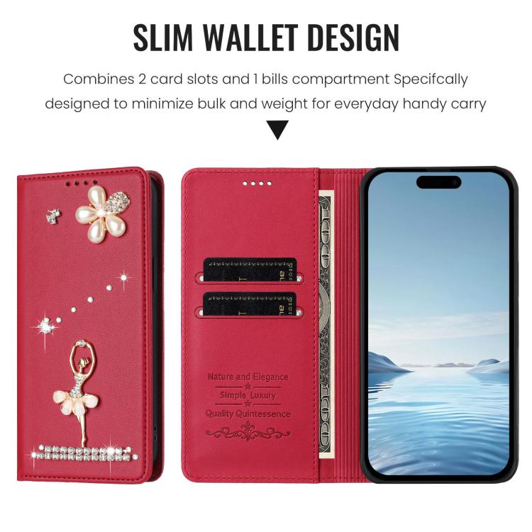 For iPhone 15 Plus Ballet Girl Diamond Studded RFID Vegan Leather Phone Case