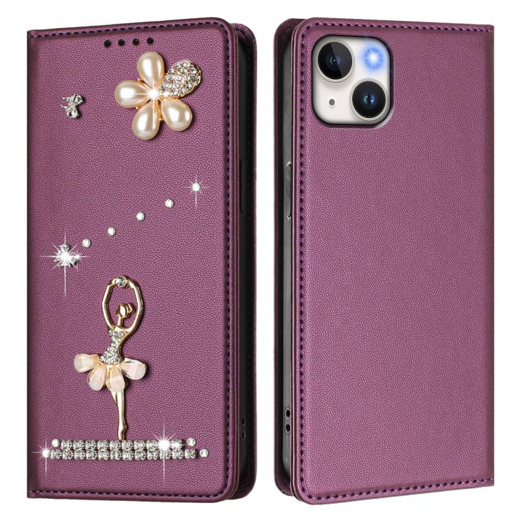For iPhone 15 Plus Ballet Girl Diamond Studded RFID Vegan Leather Phone Case