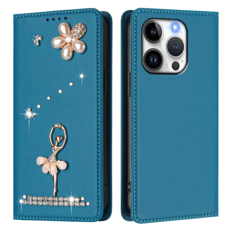 For iPhone 15 Pro Ballet Girl Diamond Studded RFID Vegan Leather Phone Case